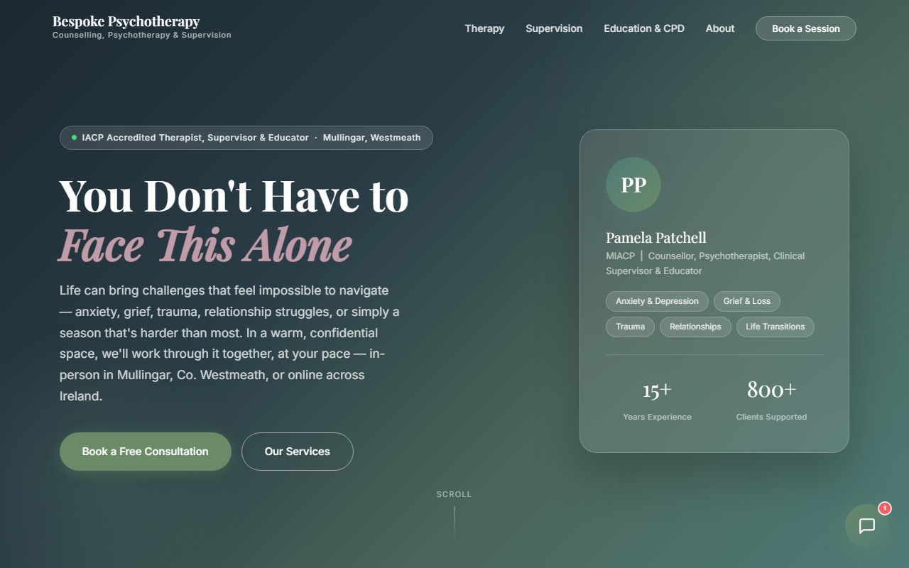 Bespoke Psychotherapy homepage — calm teal and cream site showing 'You Don't Have to Face This Alone'