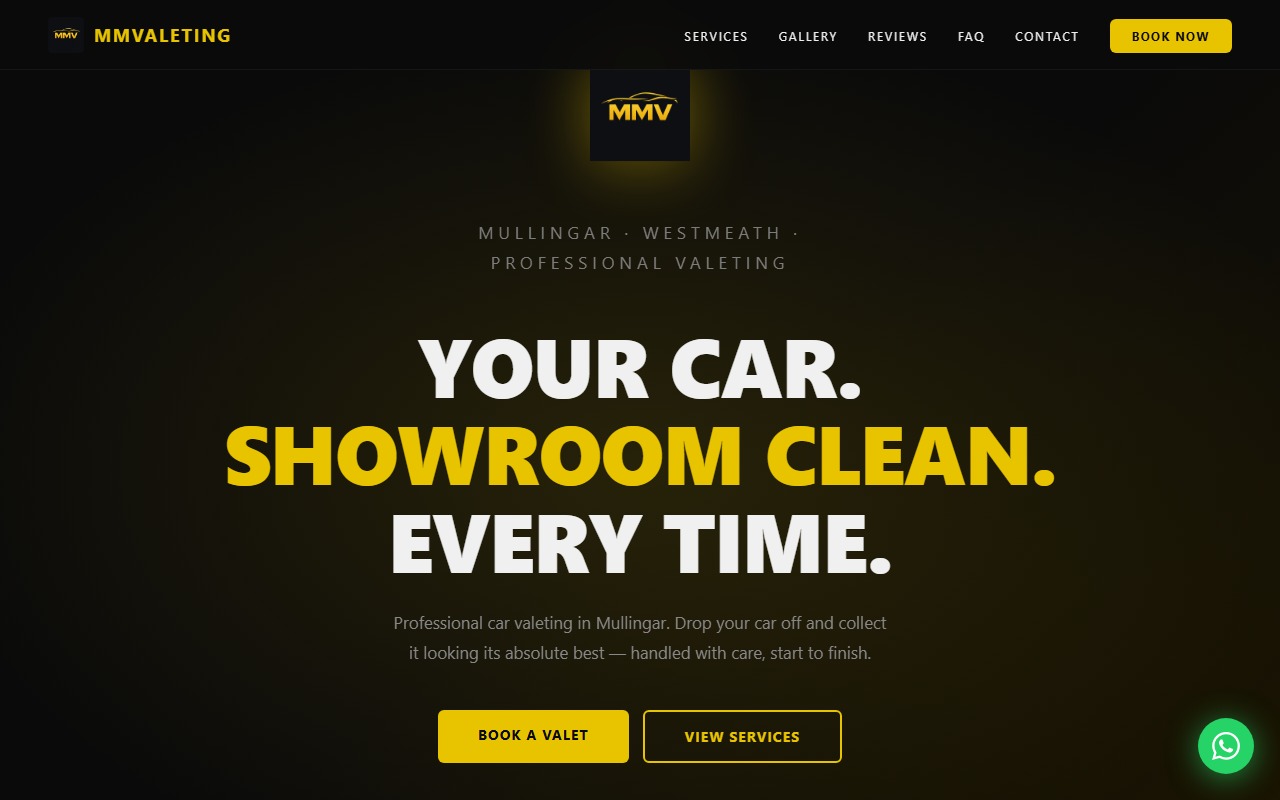 MMV Valeting homepage — dark mode site showing 'YOUR CAR. SHOWROOM CLEAN. EVERY TIME.' hero